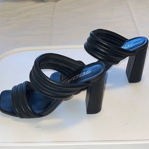 Worn once- Soda Black wide strap , chunky heel sandal. Size 5 1/2.